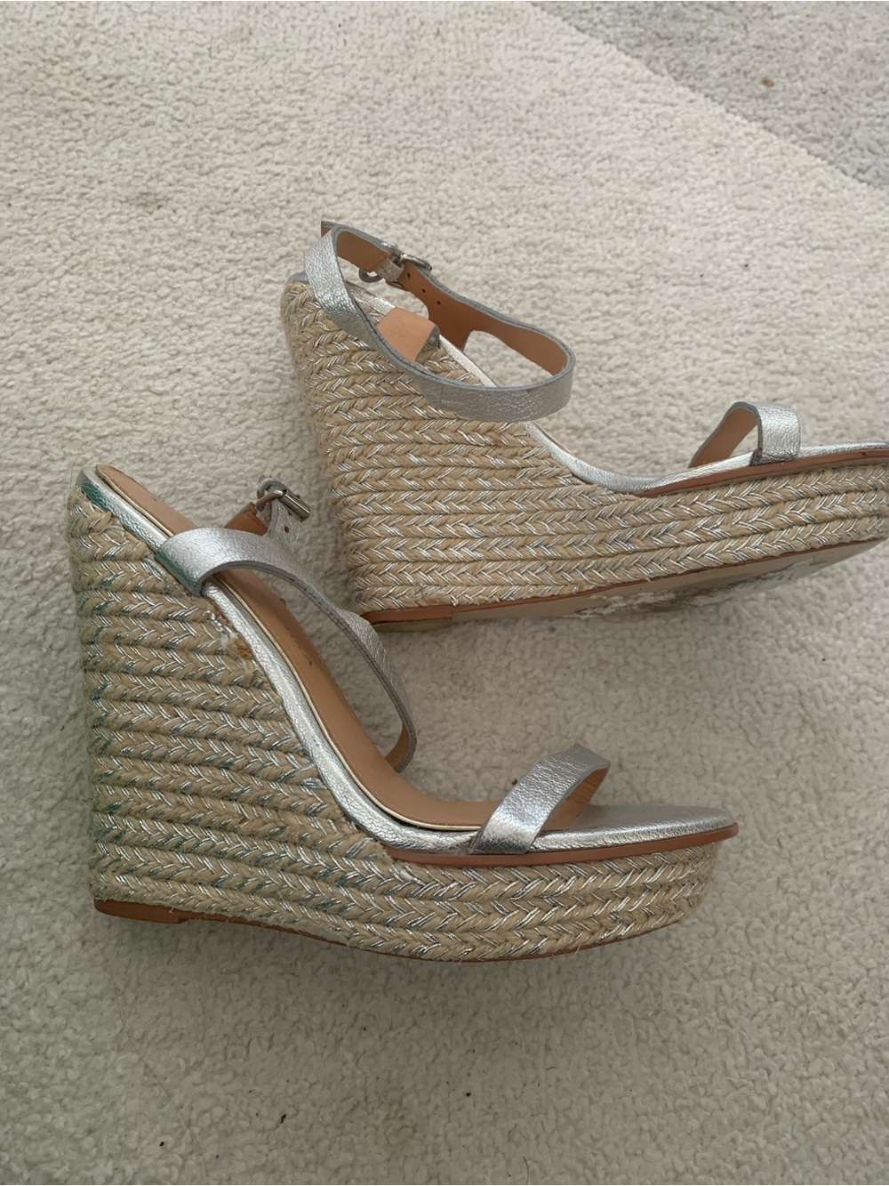 Badgley Mischka Silver Metallic Wedge Espadrille Sandals